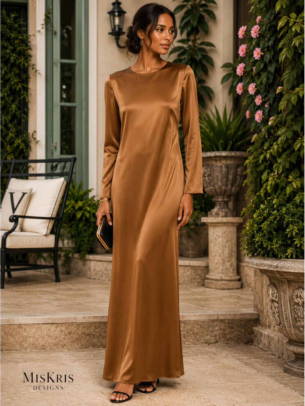 Lavender Brown McKenna Dress Cocoa Camel Satin Maxi Dress Size L NWT USA - Picture 1 of 5